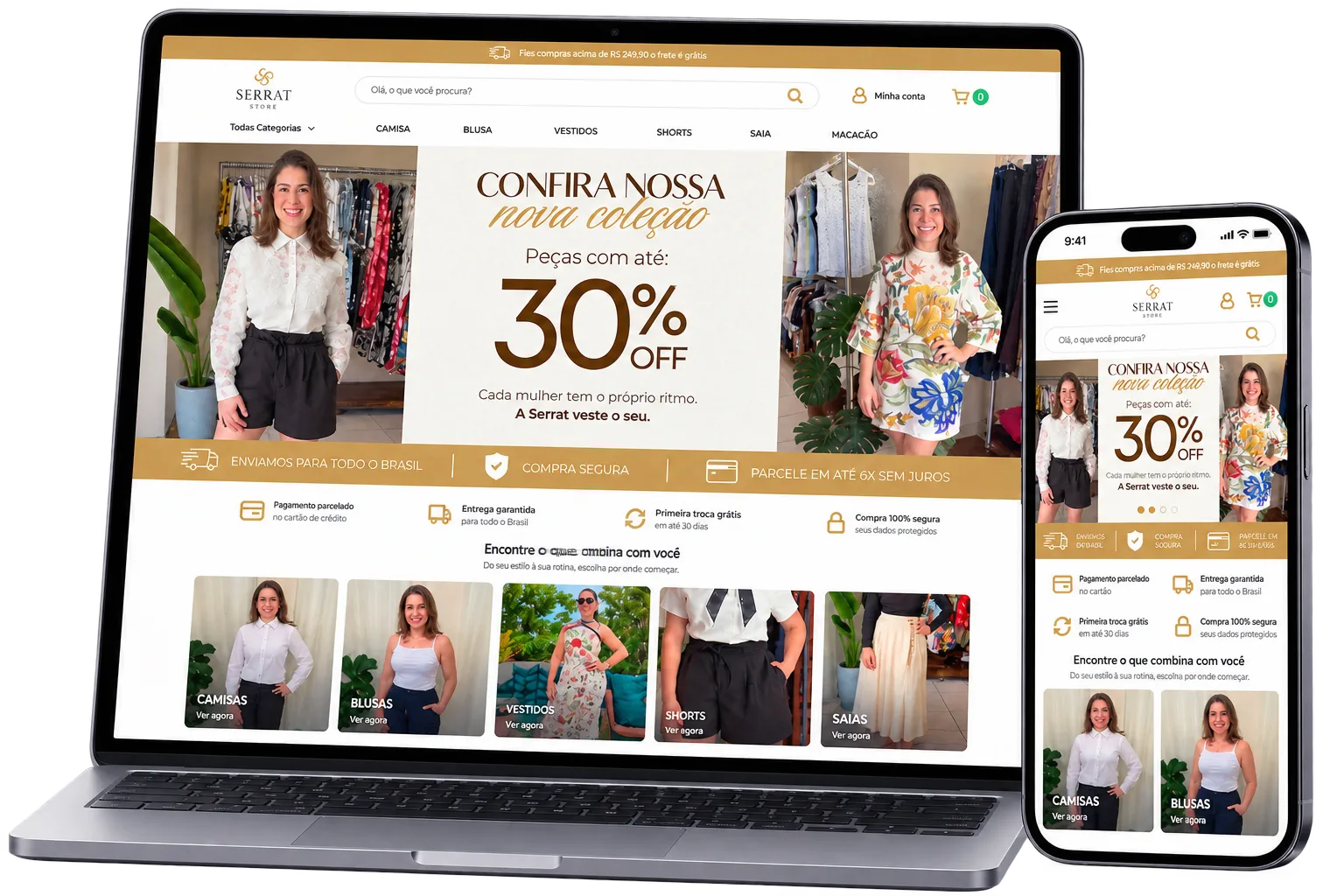 Site responsivo da Serrat Store em notebook e celular